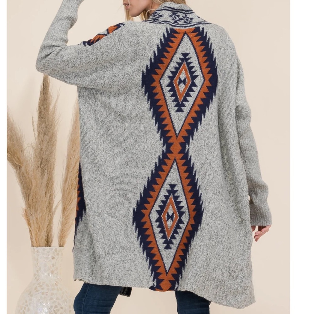 Oceanus Western Tribal Pattern Open Boho Cardigan Medium Blue Gray - Picture 4 of 10
